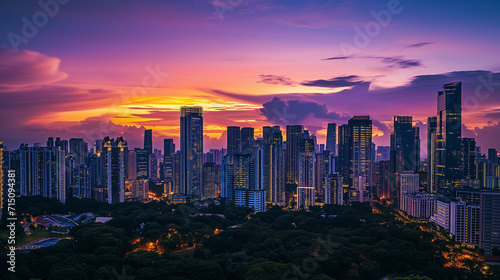 A panoramic view of a city skyline during the magical moments of dusk