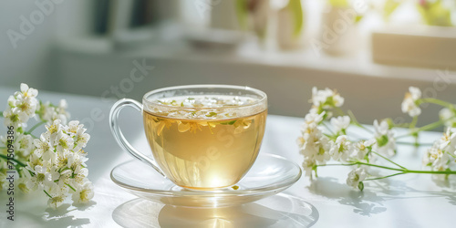 Moringa Flower Tea in Serene Morning Light on white table. A cup of soothing moringa flower tea surrounded by delicate blossoms in soft sunlight.