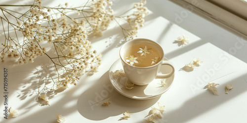Moringa Flower Tea in Serene Morning Light on white table. A cup of soothing moringa flower tea surrounded by delicate blossoms in soft sunlight.