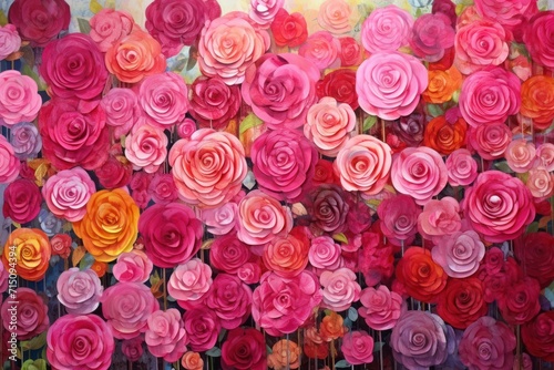  a painting of a bunch of pink and red flowers on a white wall with green leaves on the bottom of the painting.