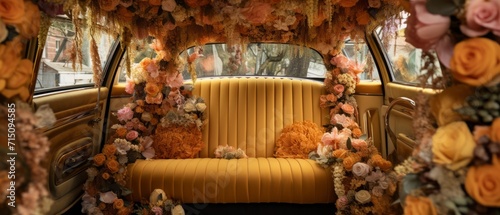 The car is covered with flowers. In a retro rococo style