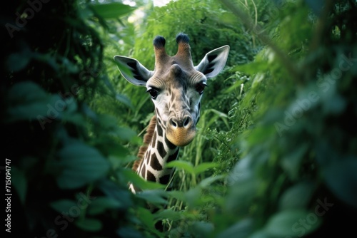 a close up of a giraffe's face through the leaves of a bushy area in the jungle.