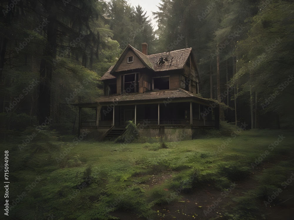 Abandoned house in the forest. Generative AI Abandoned house in the forest. Generative AI