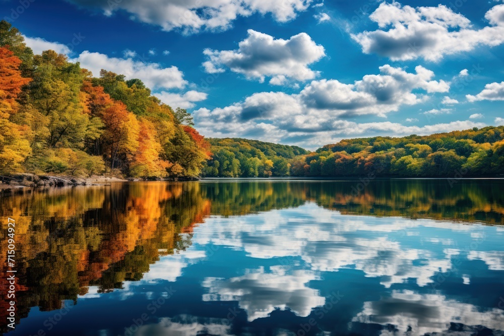  a body of water surrounded by a forest filled with lots of trees and a blue sky filled with white clouds.