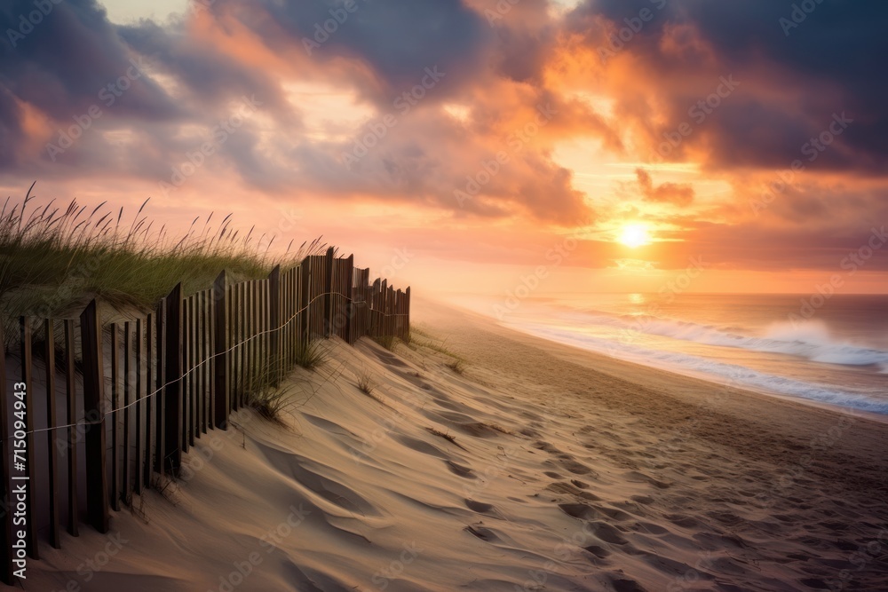  the sun is setting over the beach with a fence in the foreground and sand dunes in the foreground.