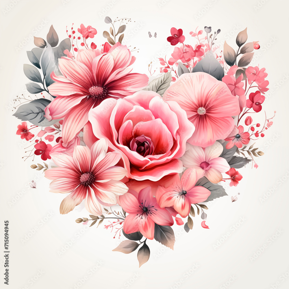 Fototapeta premium a romantic spring flowers heart-shaped in watercolor style on a white background. Greeting card.