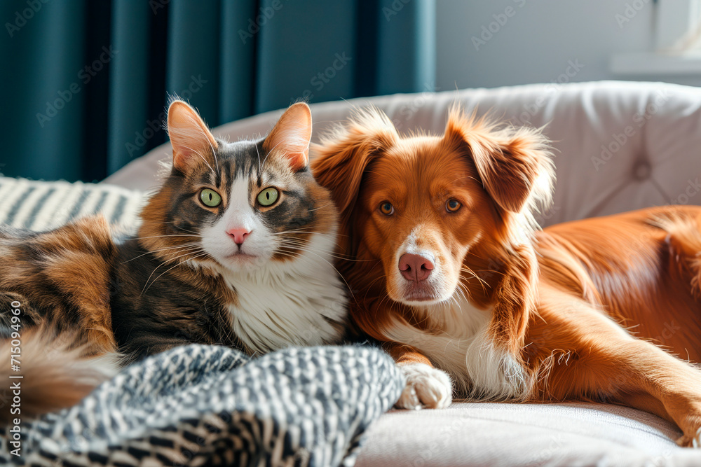 cute pet cat and dog sleeping peacefully  together on the sofa at home.