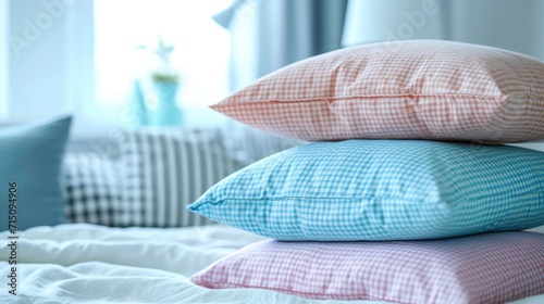 a stack of pillows. pillowcases in pastel blue, pink, mint colors with small checks and stripes on a white background of a blurred bedroom. photo