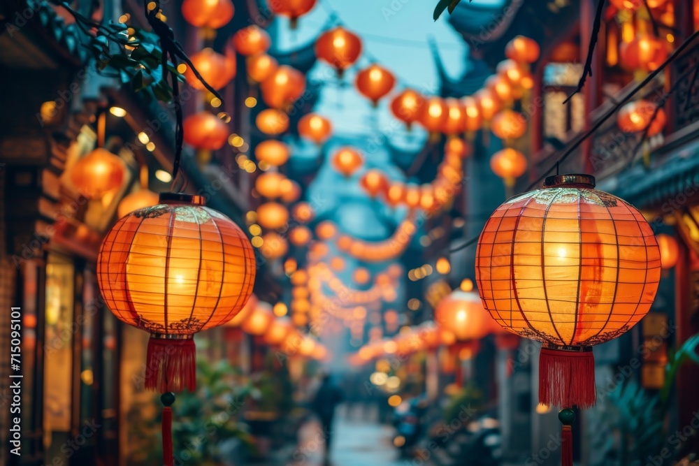 Lantern-lit Traditional Street, A vibrant shot of a traditional Chinese street adorned with red lanterns, bustling with Chinese new year festivities