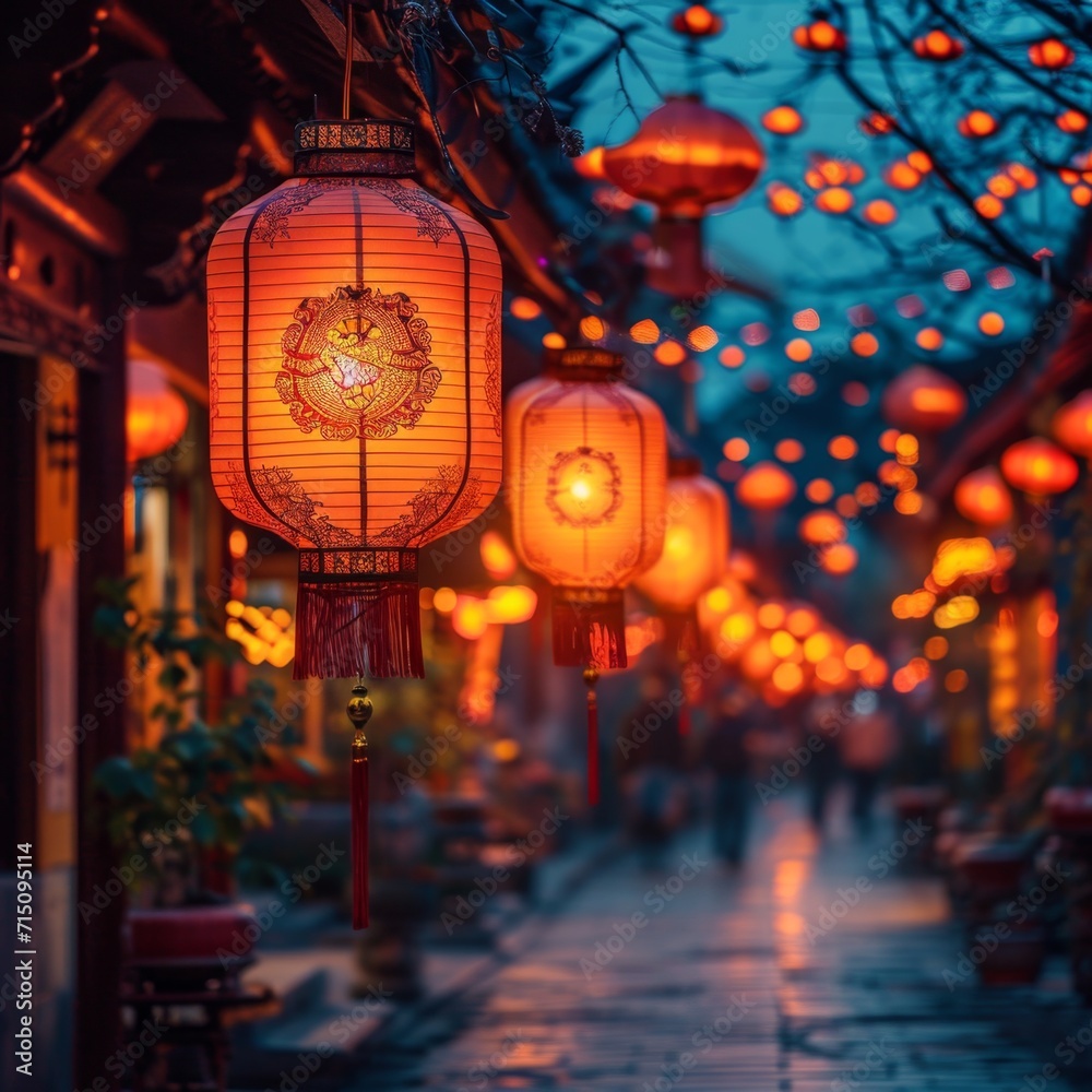 Lantern-lit Traditional Street, A vibrant shot of a traditional Chinese street adorned with red lanterns, bustling with Chinese new year festivities