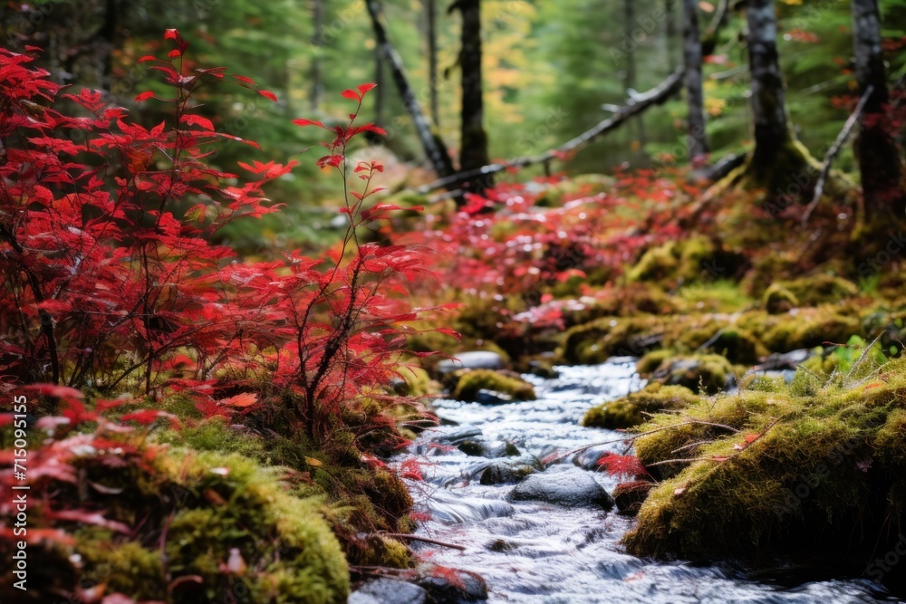 a stream running through a forest filled with lots of green and red plants and plants growing on the side of the stream. a stream running through a forest filled with lots of green and red plants and plants growing on the side of the stream.