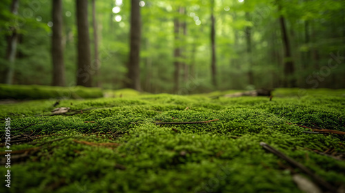 Lush green moss covering forest floor. Macro shot with bokeh background. Nature and tranquility concept with copy space for design and print 