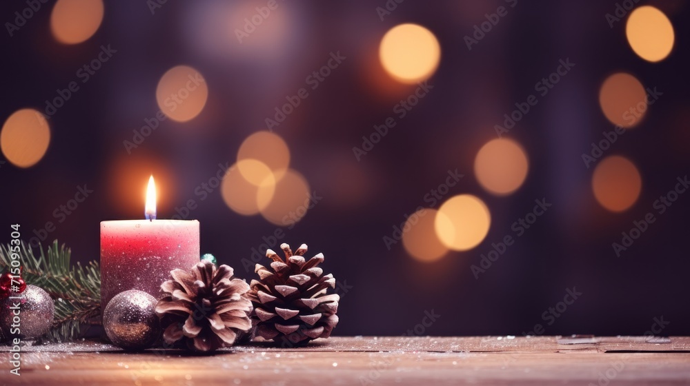 a lit candle sitting on top of a wooden table next to a pine cone and a christmas ornament. a lit candle sitting on top of a wooden table next to a pine cone and a christmas ornament.