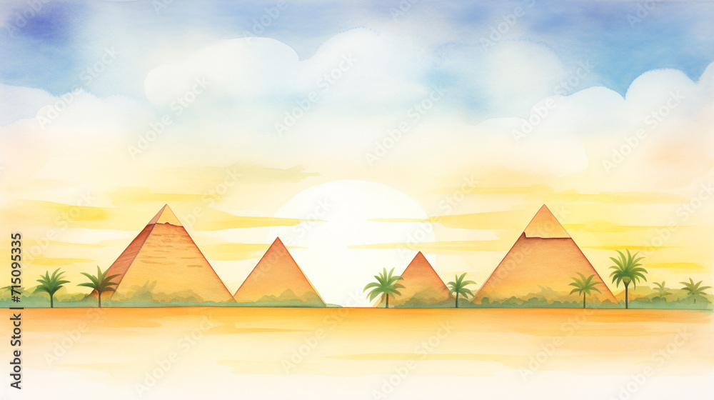 Sunset at pyramids of Giza, Egypt cartoon drawing, AI Generated