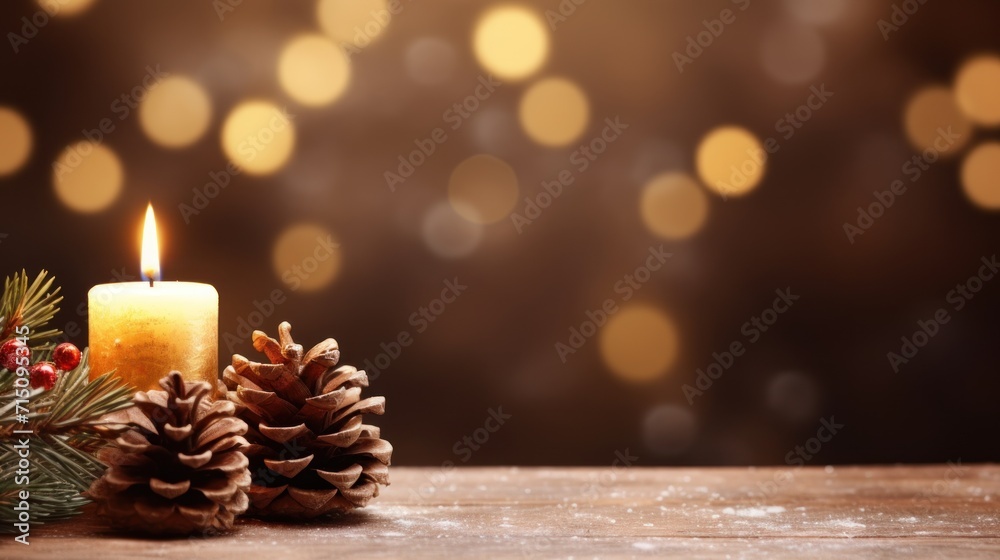  a close up of a candle and a pine cone on a table with a boke of lights in the background.