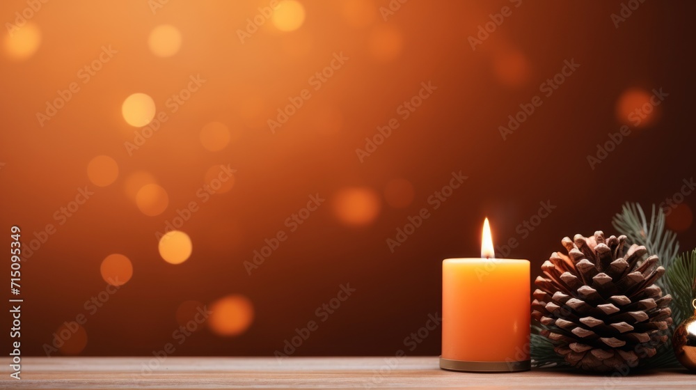 a lit candle next to a pine cone and a pine cone on a table with blurry lights in the background. a lit candle next to a pine cone and a pine cone on a table with blurry lights in the background.