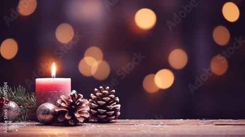  a lit candle sitting on top of a wooden table next to a pine cone and a christmas ornament.