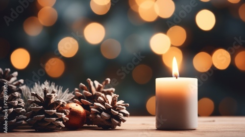  a lit candle sitting on top of a wooden table next to a pine cone and a christmas ornament.