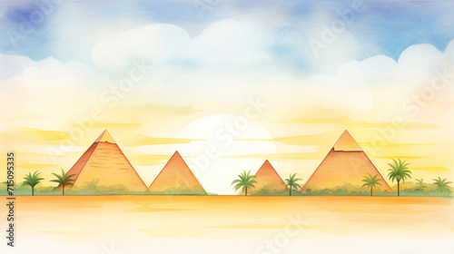 Sunset at pyramids of Giza, Egypt cartoon drawing, AI Generated © Watercolorbackground