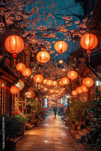 Lantern-lit Traditional Street, A vibrant shot of a traditional Chinese street adorned with red lanterns, bustling with Chinese new year festivities