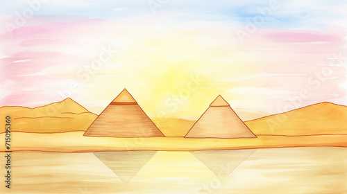 Sunset at pyramids of Giza  Egypt cartoon drawing  AI Generated