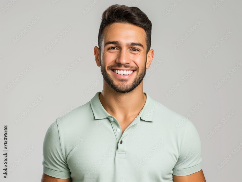 Smiling Man in Mint Polo. Generative AI.