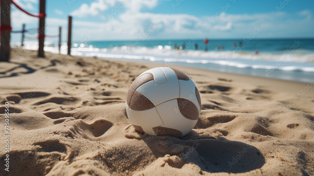 A volleyball lies on a sandy beach