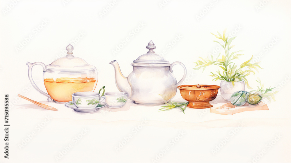 Tea and seafood, Cartoon drawing, Water color style, AI Generated
