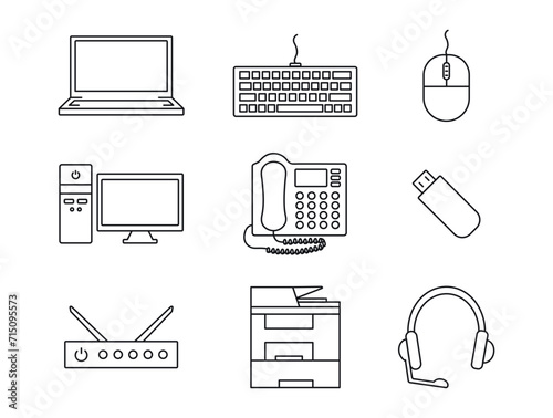 Set of contour icons of technology. Laptop, computer. Collection Office equipment - MFP, telephone, USB flash. Keyboard, mouse and headset. Router and PBX. System blocks, PC. Vector illustration