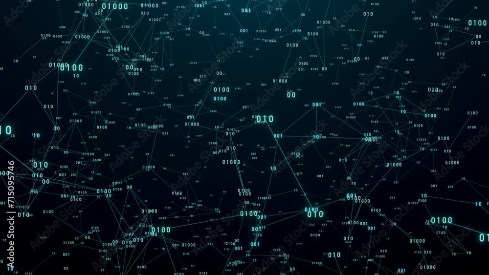 Plolygon network with animated binary numbers. Digital sytem, abstract and futuristic netowrk. Plexus animation, technology, science.