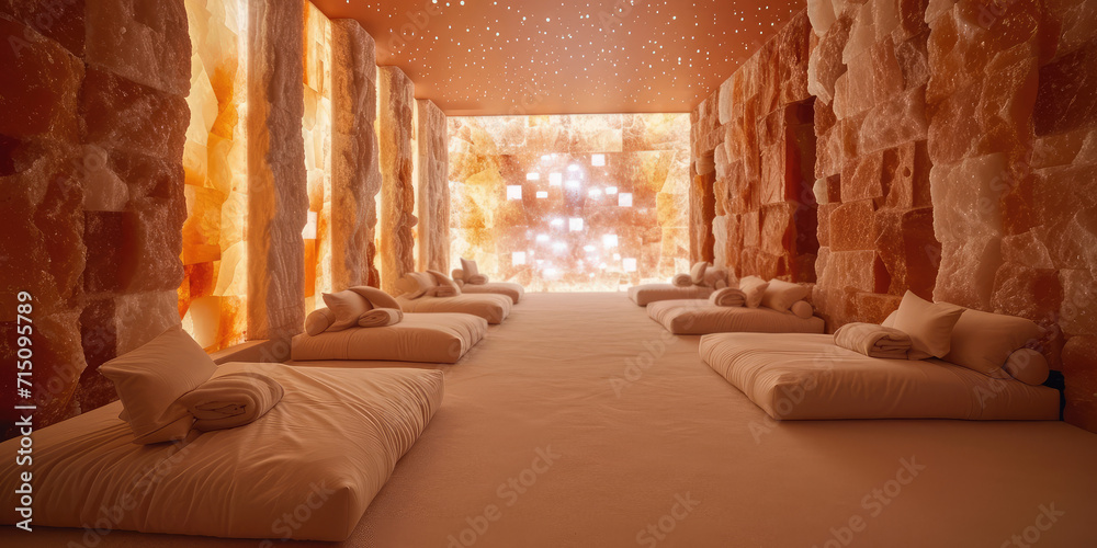Serenity orange Salt Room in Modern Wellness Spa. Tranquil salt therapy room with glowing walls and minimalistic bed setup for relaxation. - obrazy, fototapety, plakaty 