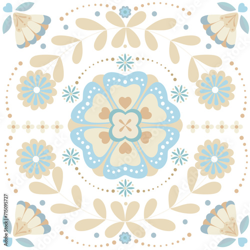 Scandinavian folk art style background. Symmetrical floral pattern card. Use for holidays, art templates, invitation, event, postcard,kitchen tile