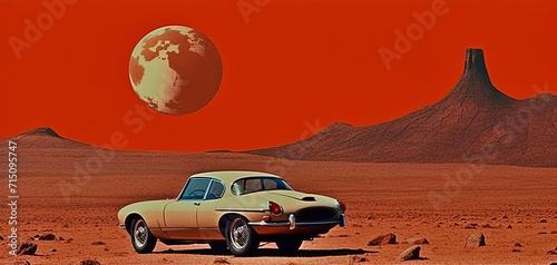 An illustration of a retro car in a sci-fi style against a beautiful landscape