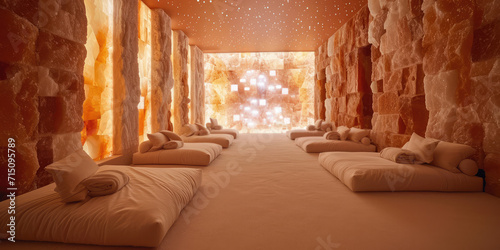 Serenity orange Salt Room in Modern Wellness Spa. Tranquil salt therapy room with glowing walls and minimalistic bed setup for relaxation. photo