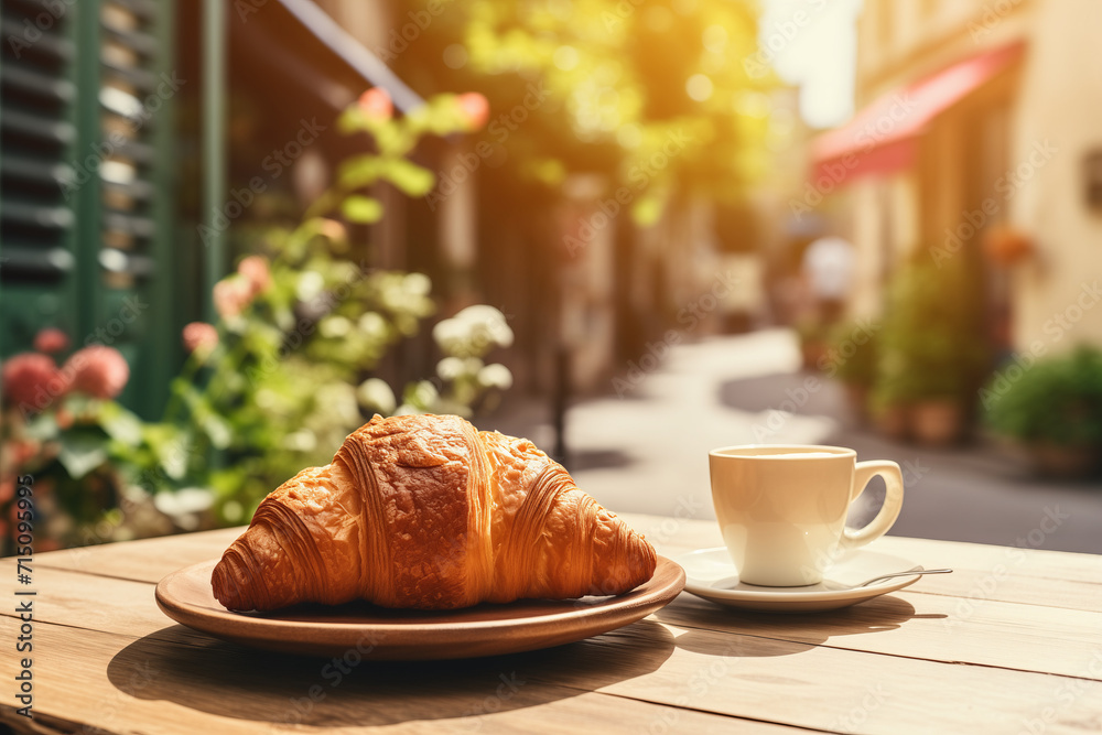 Fresh crispy croissant with a cup of tea or coffee on a wooden table on the street of an old European city on a sunny day or morning Fresh crispy croissant with a cup of tea or coffee on a wooden table on the street of an old European city on a sunny day or morning