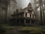 Abandoned house in the forest. Generative AI