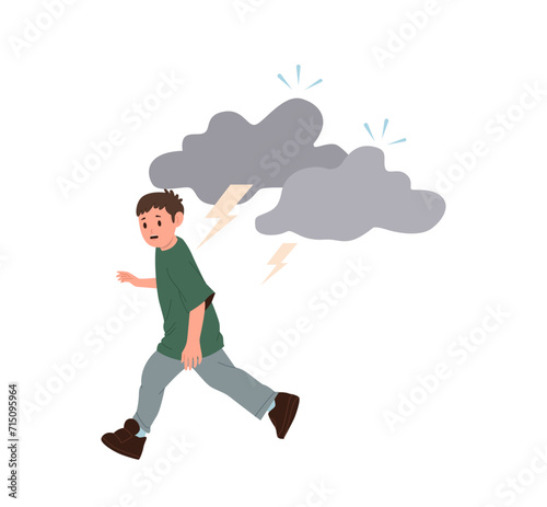 Stressed boy child cartoon character afraid of thunderstorm running away from lightning bolt