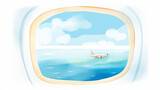 View from window of airplane flying over ocean cartoon drawing, AI Generated