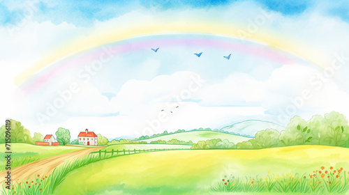 Swaying green fields of Ireland with rainbow in the sky cartoon drawing, AI Generated
