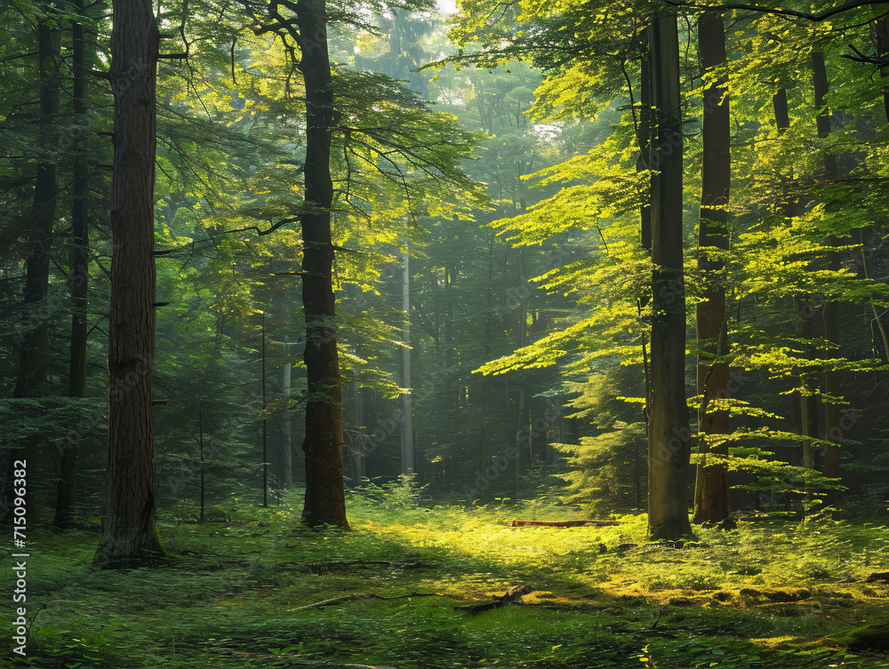 Obraz premium Lush green forest with sunlit foliage. Tranquil nature scene. Environmental and forestry concept for design and print 