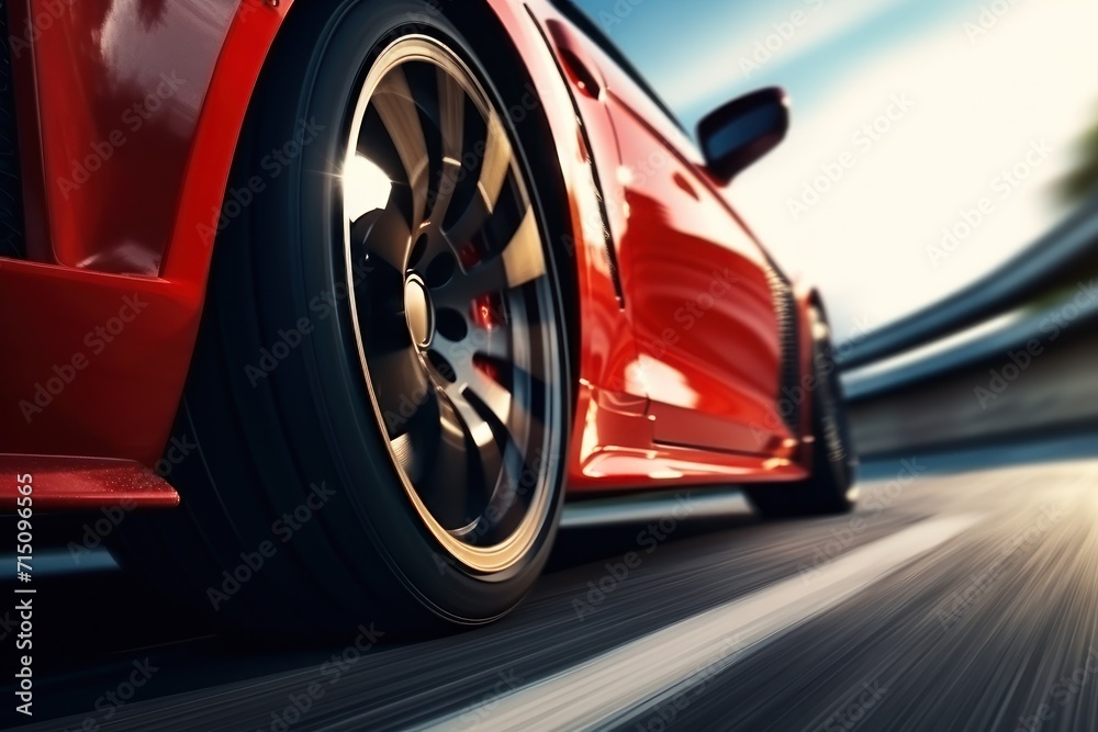 a close up of a red sports car driving on a road with a blurry image of trees in the background. a close up of a red sports car driving on a road with a blurry image of trees in the background.