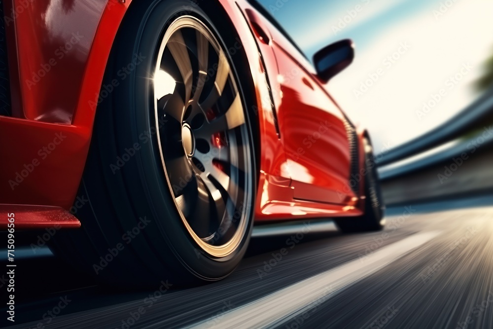  a close up of a red sports car driving on a road with a blurry image of trees in the background.