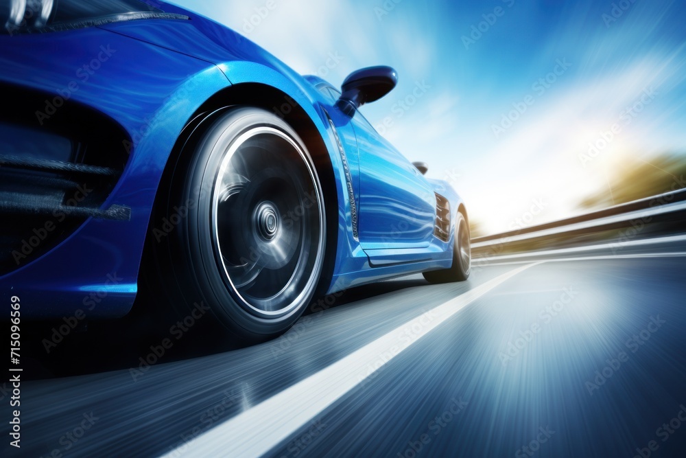  a close up of a blue sports car driving down a road with blurry lights on the side of it.