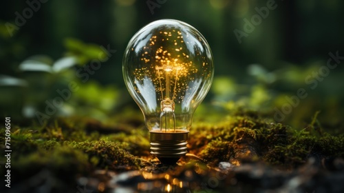  a glowing light bulb sitting on top of a moss covered ground in front of a forest filled with green leaves.