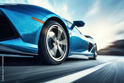  a close up of a blue sports car driving on a road with a blurry sky in the back ground.