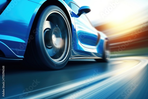  a close up of a blue sports car driving down a road with blurry lights on the side of it.