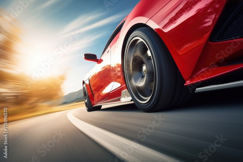  a close up of a red sports car driving down a road with the sun shining on the side of it.
