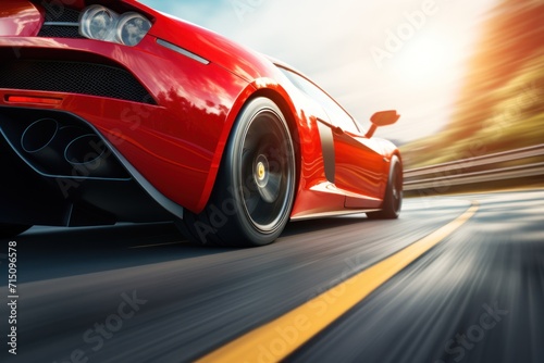  a close up of a red sports car driving on a road with blurry trees and buildings in the background.