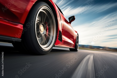  a close up of a red sports car driving on a road with a blurry image of the rear end of the car. © Nadia