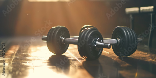 Close-up of metal dumbbell with a textured grip on a simple background, fitness and strength training concept, banner backdrop. photo